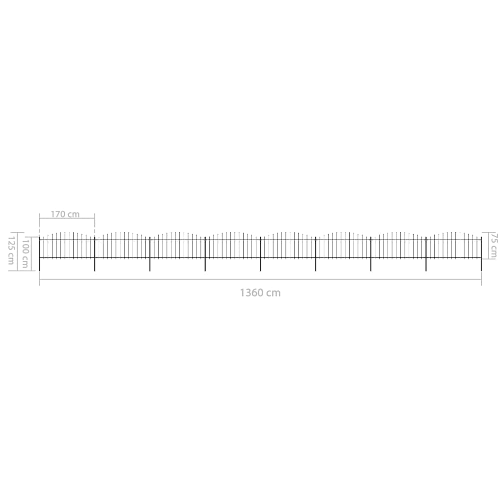 Tuinhek met speren bovenkant (0,5-0,75)x13,6 m staal zwart 50-75 cm 13.6 m