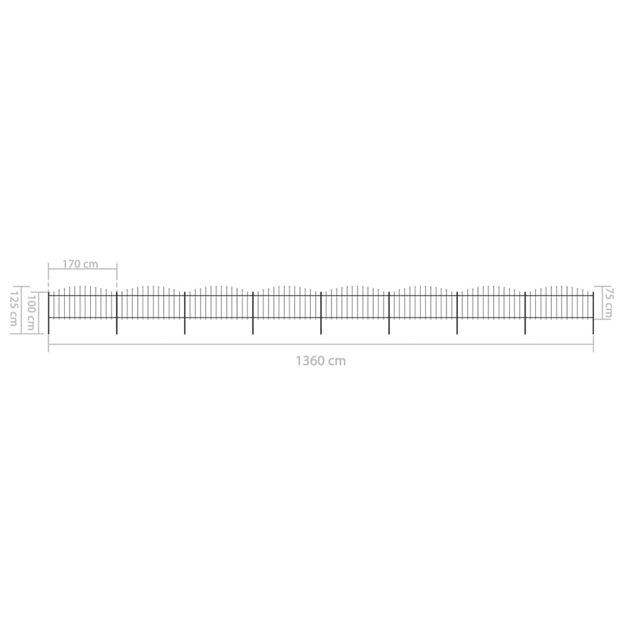 Tuinhek met speren bovenkant (0,5-0,75)x13,6 m staal zwart 50-75 cm 13.6 m