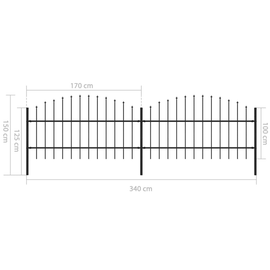 Tuinhek met speren bovenkant (0,75-1)x3,4 m staal zwart 75-100 cm 3.4 m