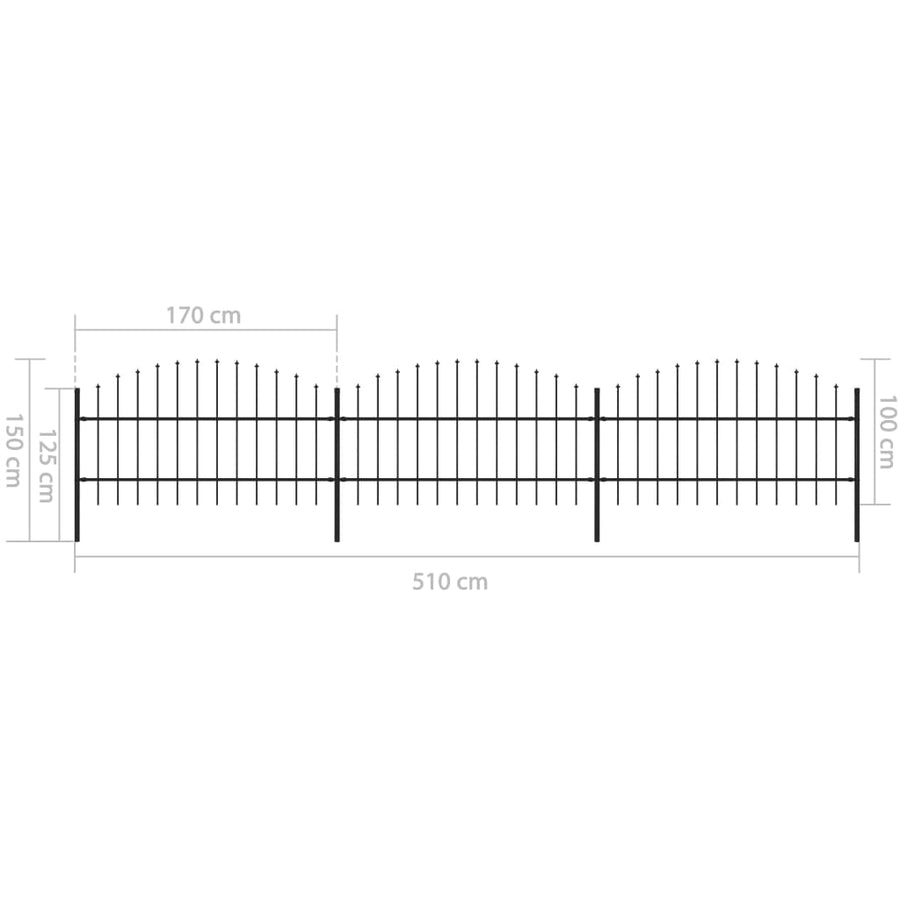 Tuinhek met speren bovenkant (0,75-1)x5,1 m staal zwart 75-100 cm 5.1 m