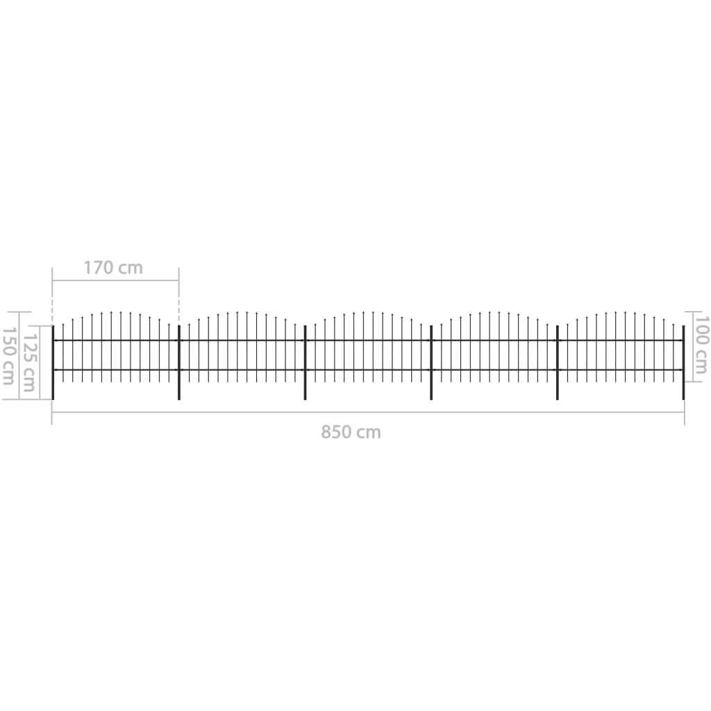 Tuinhek met speren bovenkant (0,75-1)x8,5 m staal zwart 75-100 cm 8.5 m