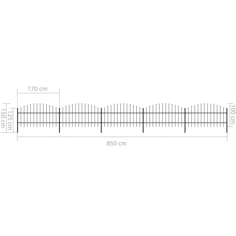 Tuinhek met speren bovenkant (0,75-1)x8,5 m staal zwart 75-100 cm 8.5 m
