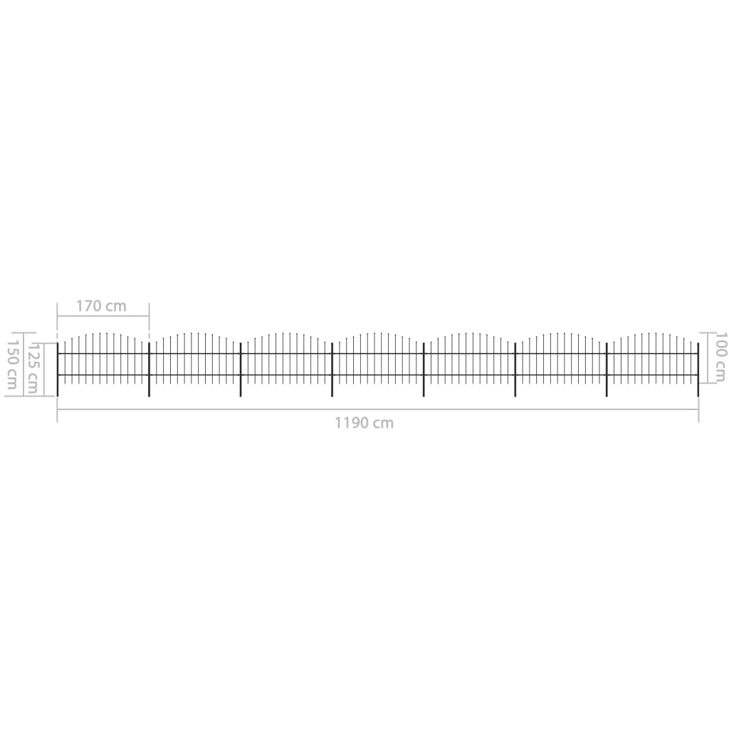Tuinhek met speren bovenkant (0,75-1)x11,9 m staal zwart 75-100 cm 11.9 m