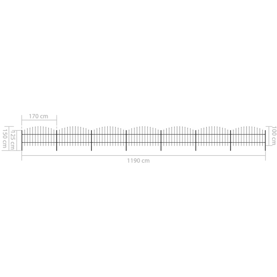 Tuinhek met speren bovenkant (0,75-1)x11,9 m staal zwart 75-100 cm 11.9 m