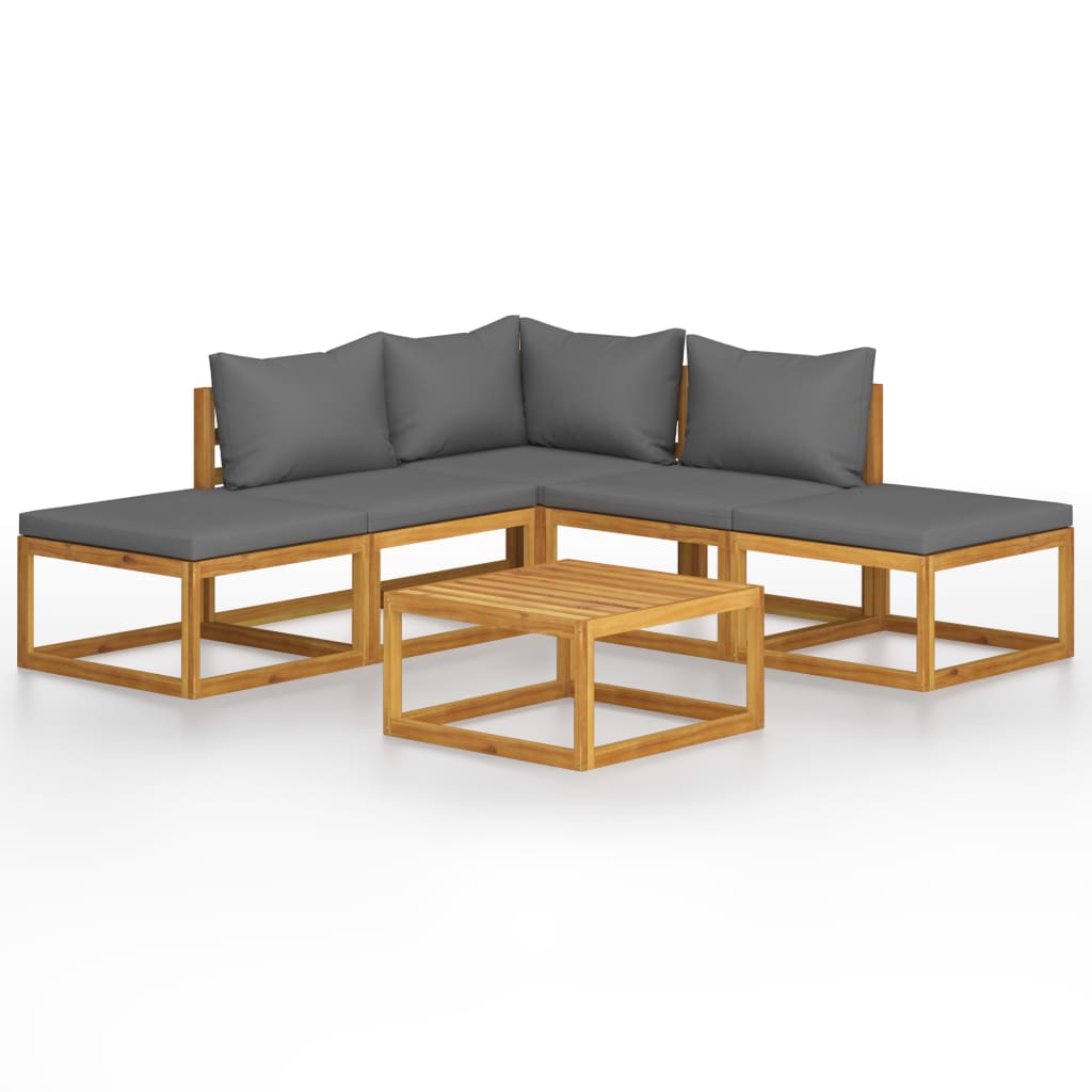 6-Delige Loungeset Met Kussens Massief Acaciahout Donkergrijs hoek + 2x midden + 2x voetensteun + Tafel