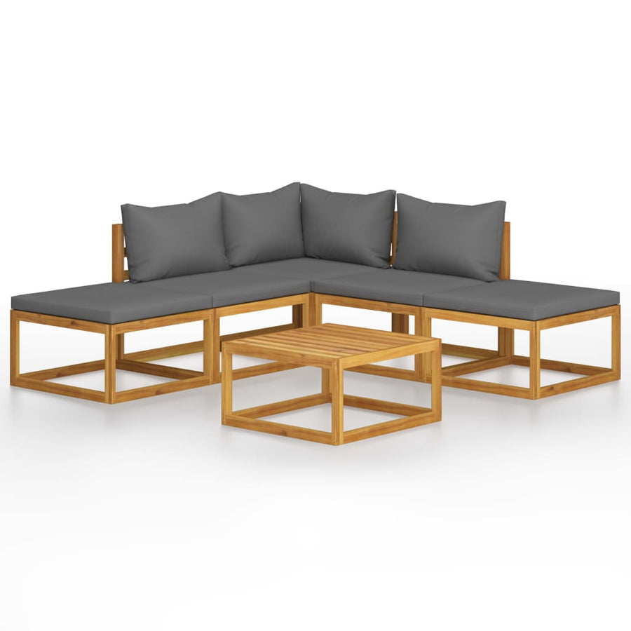 6-Delige Loungeset Met Kussens Massief Acaciahout Donkergrijs hoek + 2x midden + 2x voetensteun + Tafel
