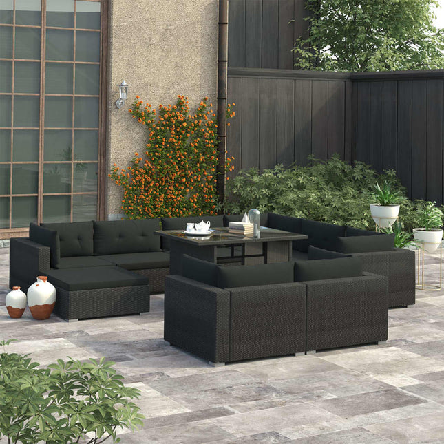 10-Delige Loungeset Met Kussens Poly Rattan Zwart