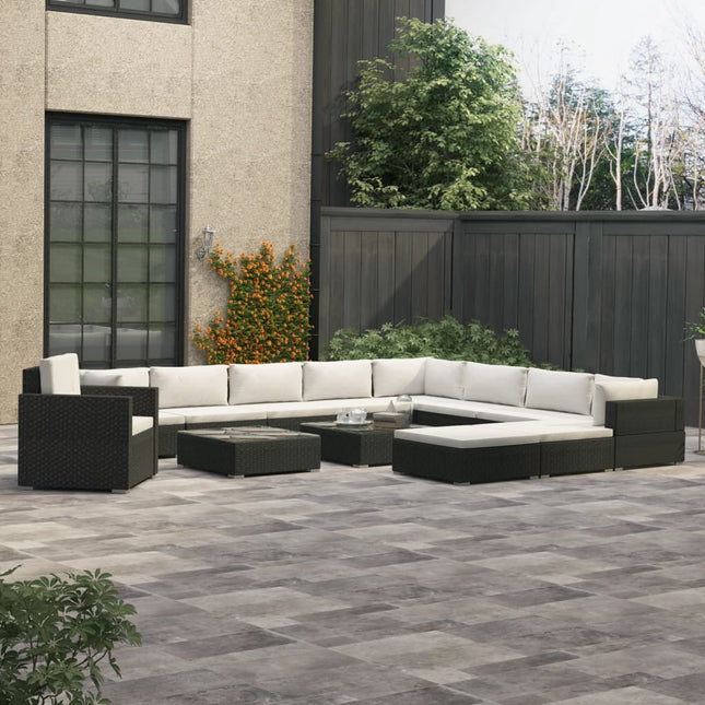 -Delige Loungeset Met Kussens Poly Rattan Zwart en crème