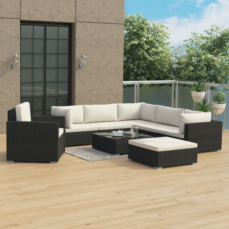 8-Delige Loungeset Met Kussens Poly Rattan Zwart Zwart en wit