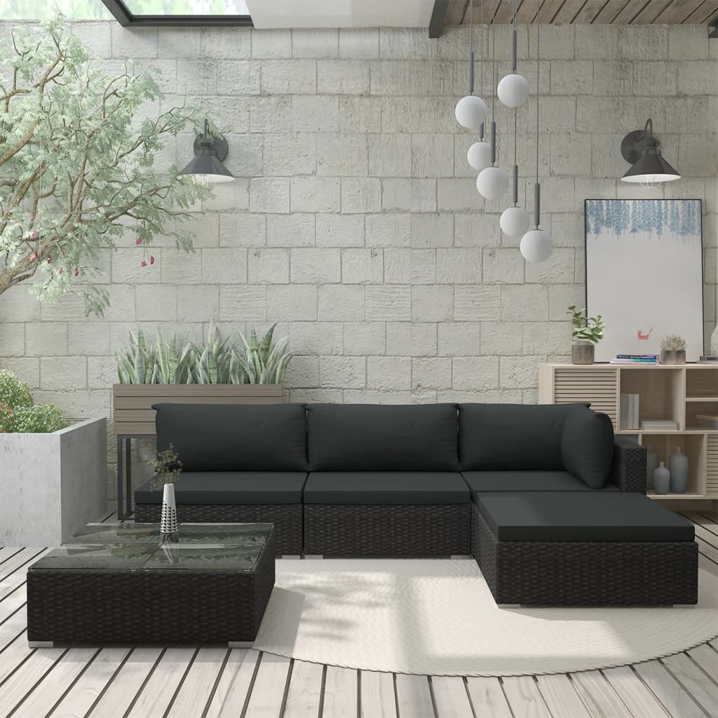 Loungeset Met Kussens Poly Rattan Zwart
