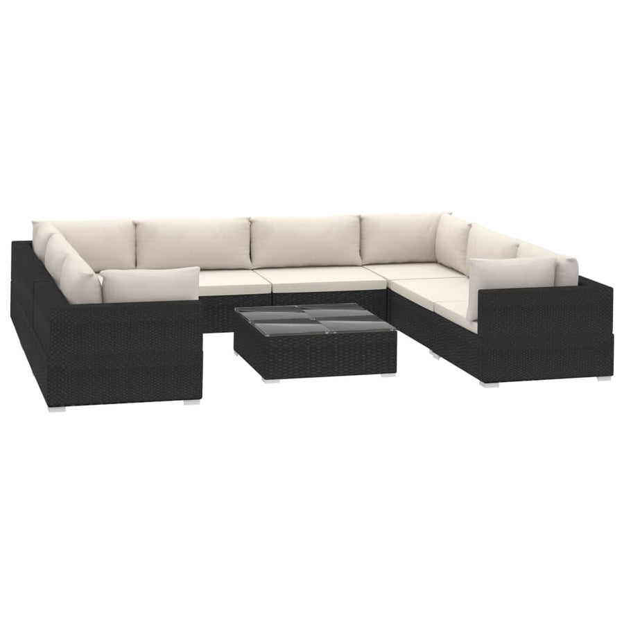 9-Delige Loungeset Met Kussens Poly Rattan Zwart Zwart en crème