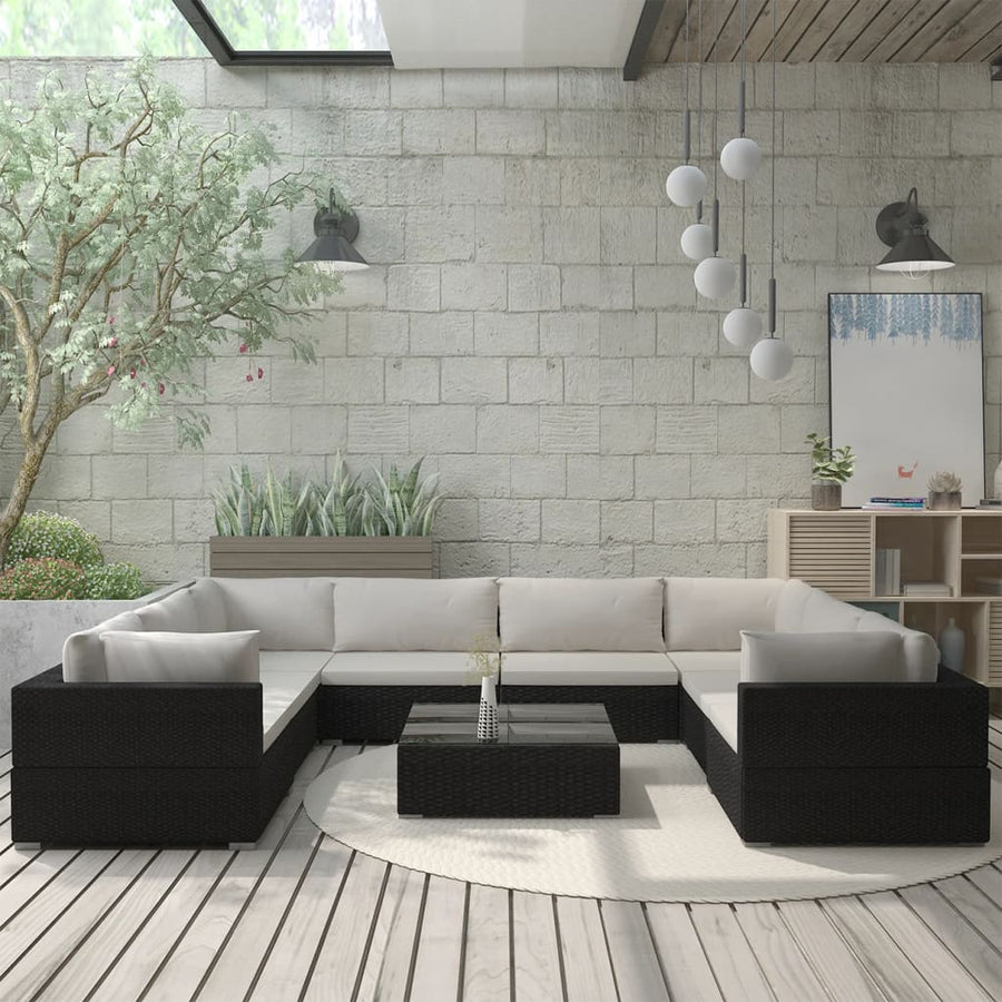 9-Delige Loungeset Met Kussens Poly Rattan Zwart Zwart en crème