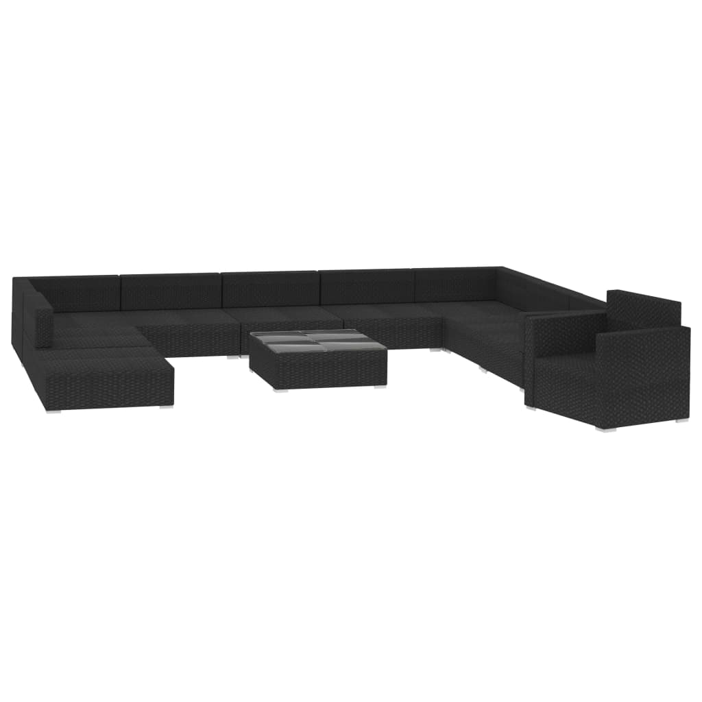 11-Delige Loungeset Met Kussens Poly Rattan Zwart Zwart en wit