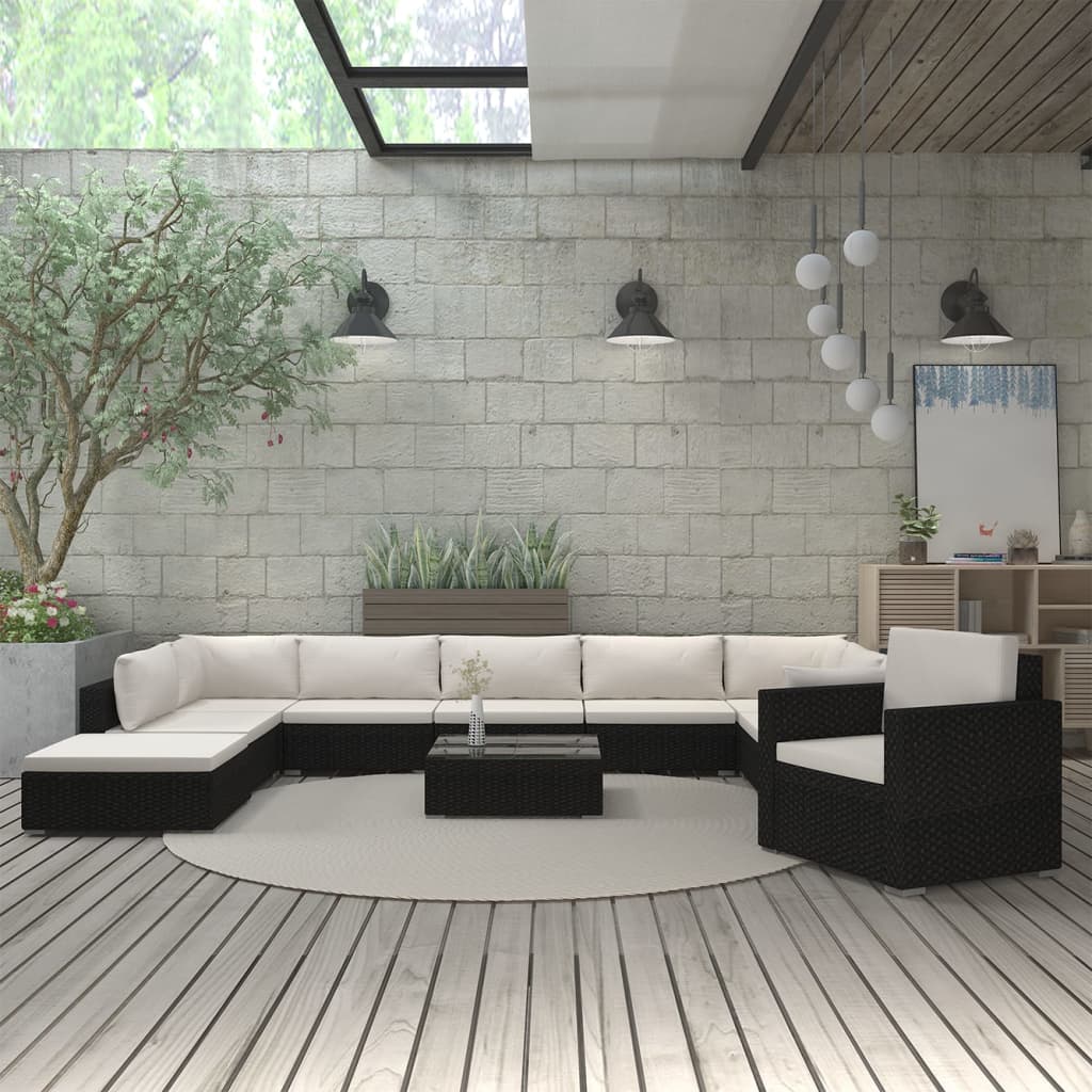 11-Delige Loungeset Met Kussens Poly Rattan Zwart Zwart en wit