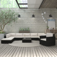 11-Delige Loungeset Met Kussens Poly Rattan Zwart Zwart en wit