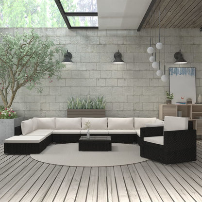 11-Delige Loungeset Met Kussens Poly Rattan Zwart Zwart en wit