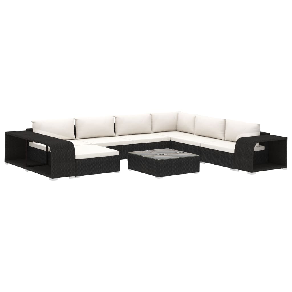 10-Delige Loungeset Met Kussens Poly Rattan Zwart Zwart en wit