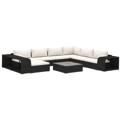 10-Delige Loungeset Met Kussens Poly Rattan Zwart Zwart en wit