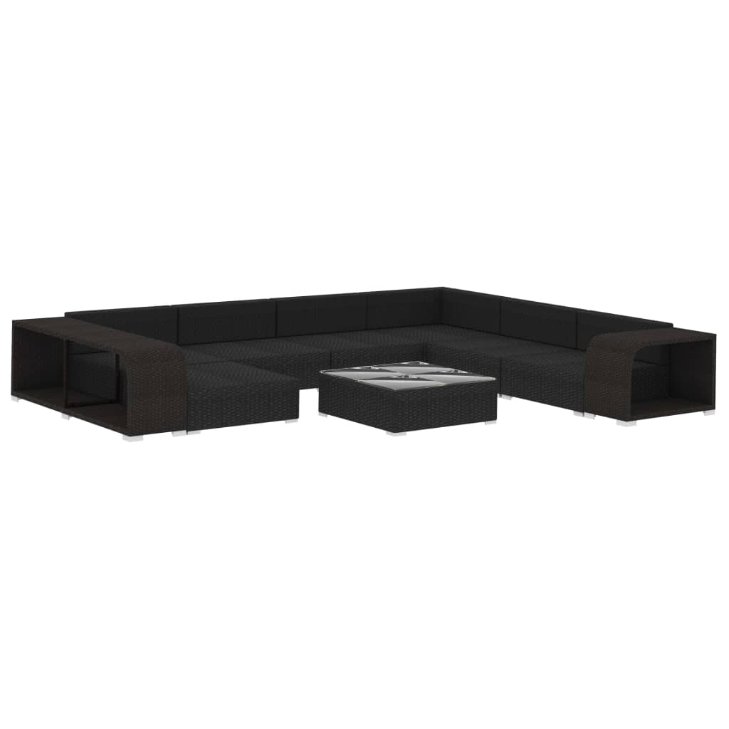 10-Delige Loungeset Met Kussens Poly Rattan Zwart Zwart en wit