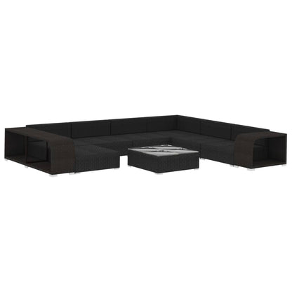 10-Delige Loungeset Met Kussens Poly Rattan Zwart Zwart en wit