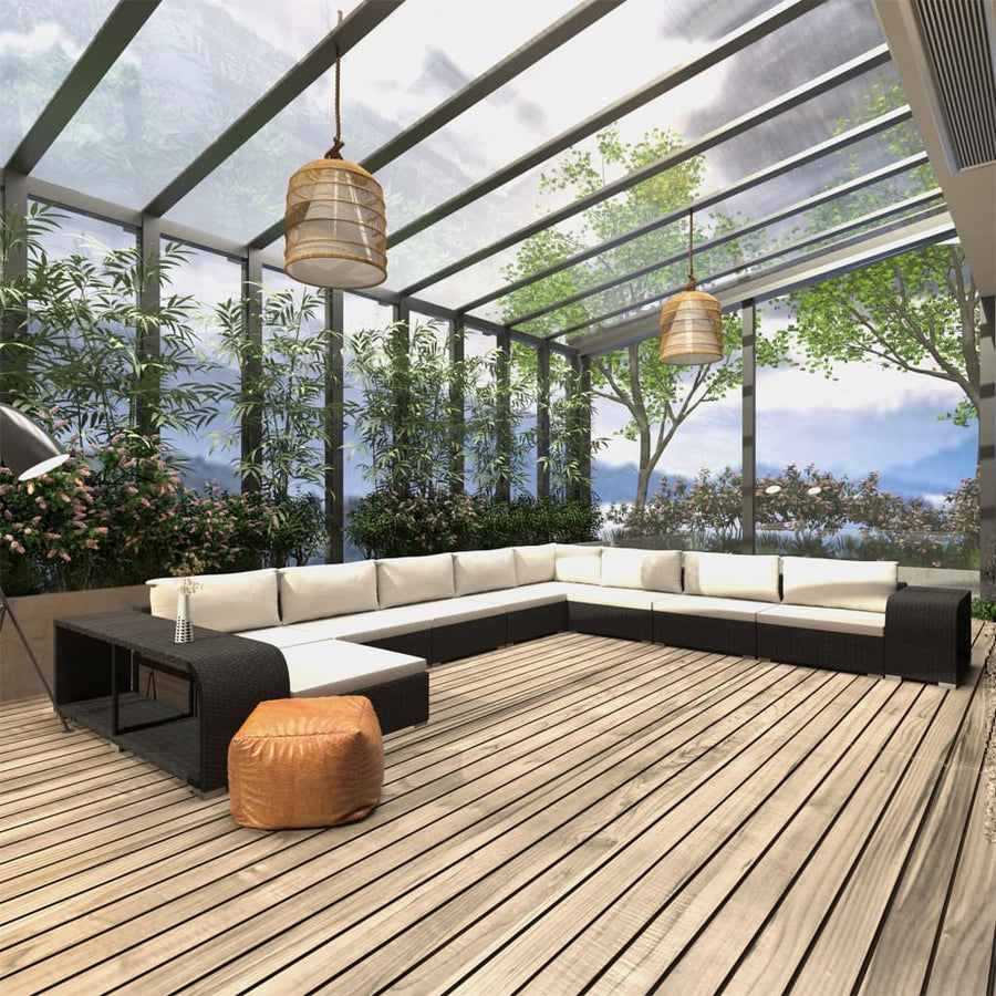 Loungeset Met Kussens Poly Rattan Zwart en wit