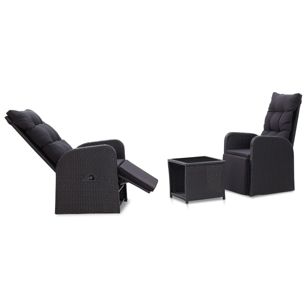 3-delige Bistroset met kussens poly rattan zwart