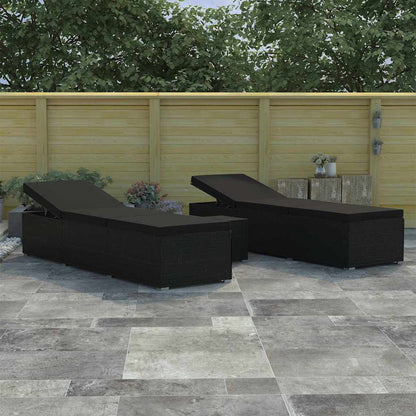 Tuin zonligstoelen met kussen 3 pcs Zwart Poly riet