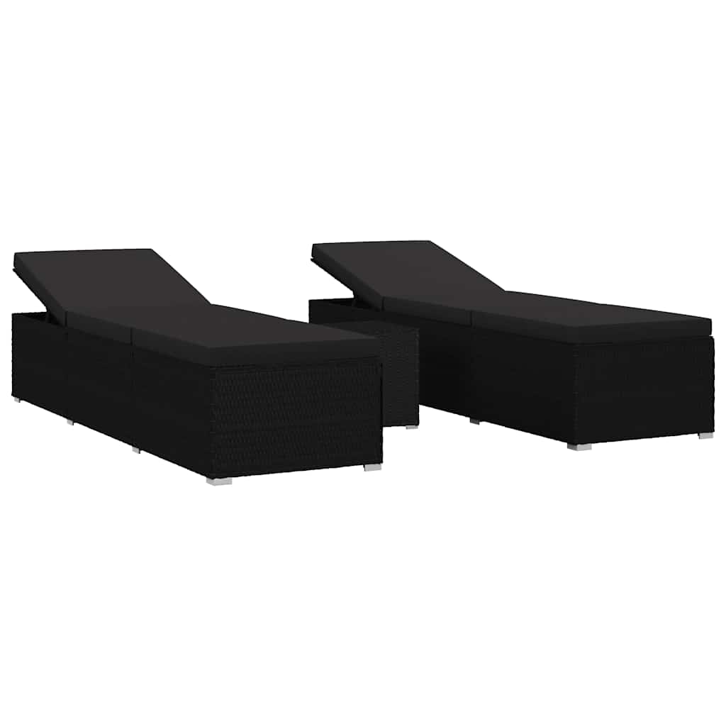 Tuin zonligstoelen met kussen 3 pcs Zwart Poly riet