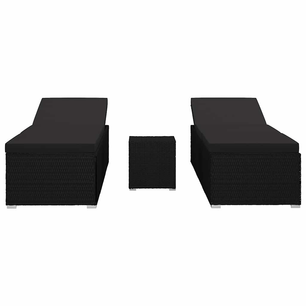 Tuin zonligstoelen met kussen 3 pcs Zwart Poly riet