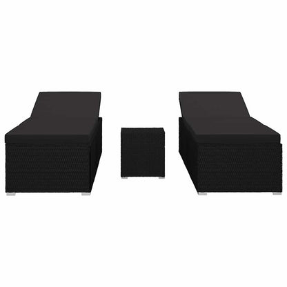Tuin zonligstoelen met kussen 3 pcs Zwart Poly riet