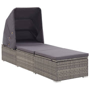 Sunlounger with canopy and cushion poly rattan grey