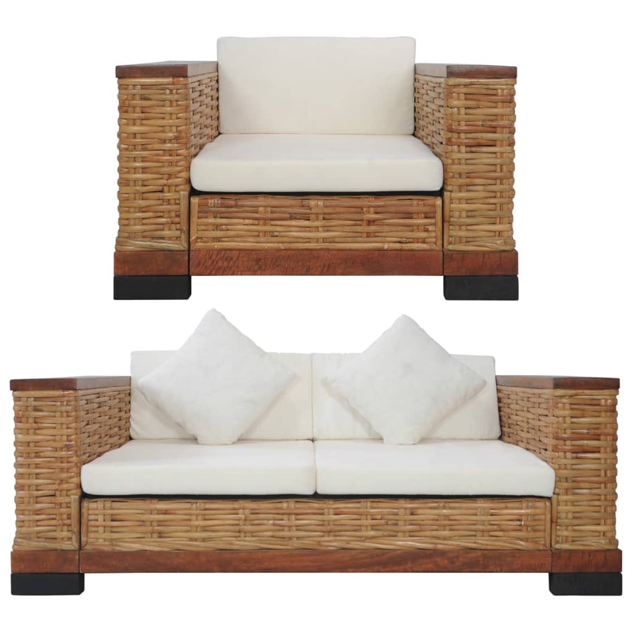2-Delig Bankstel Met Kussens Natuurlijk Rattan Bruin 1-zitter + 2-zitter