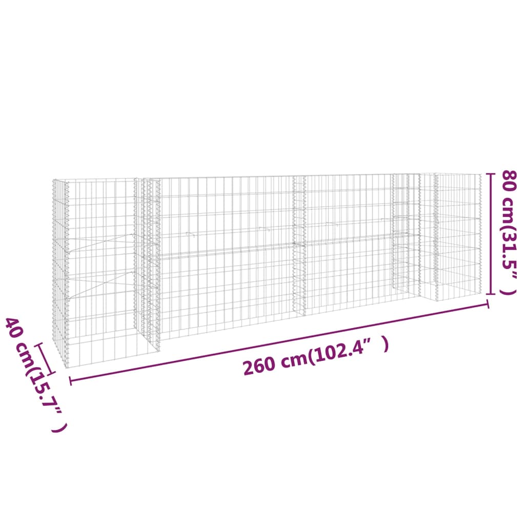 Gabion Plantenbak H-Vormig Staaldraad 260 x 40 x 80 cm