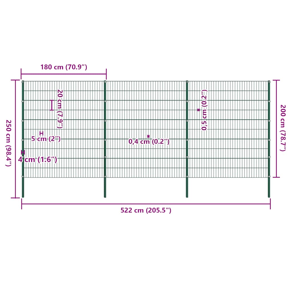 Schuttingpaneel met palen ijzer 522x200 cm groen