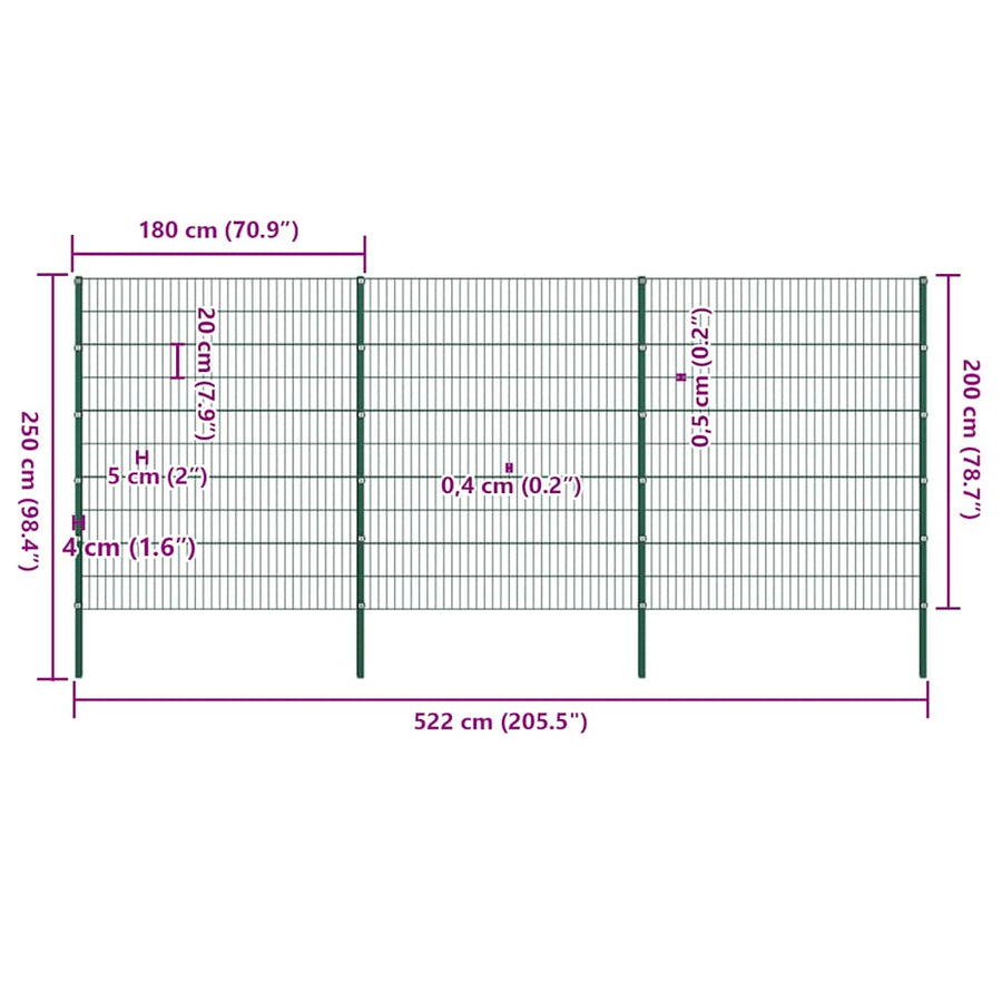 Schuttingpaneel met palen ijzer 522x200 cm groen