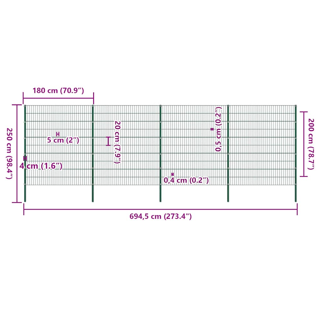 Schuttingpaneel met palen ijzer 694,5x200 cm groen