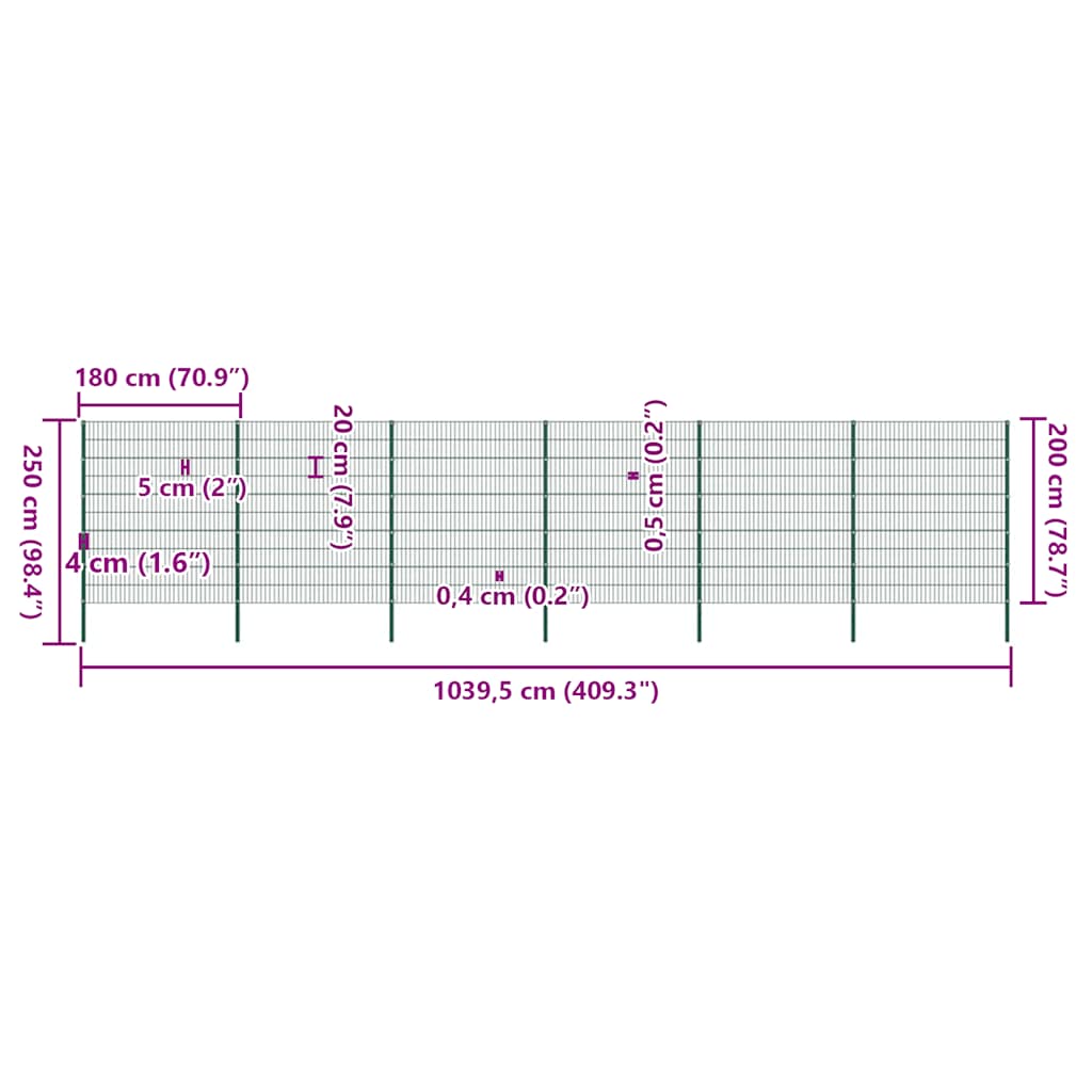 Schuttingpaneel met palen ijzer 1040x200 cm groen