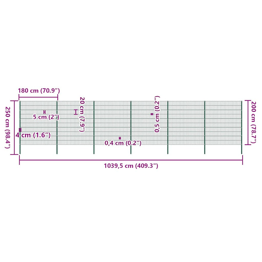 Schuttingpaneel met palen ijzer 1040x200 cm groen