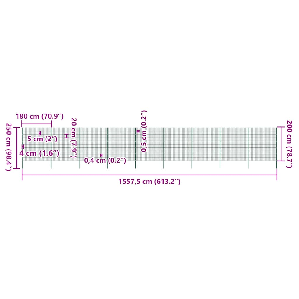Schuttingpaneel met palen ijzer 1557,5x200 cm groen