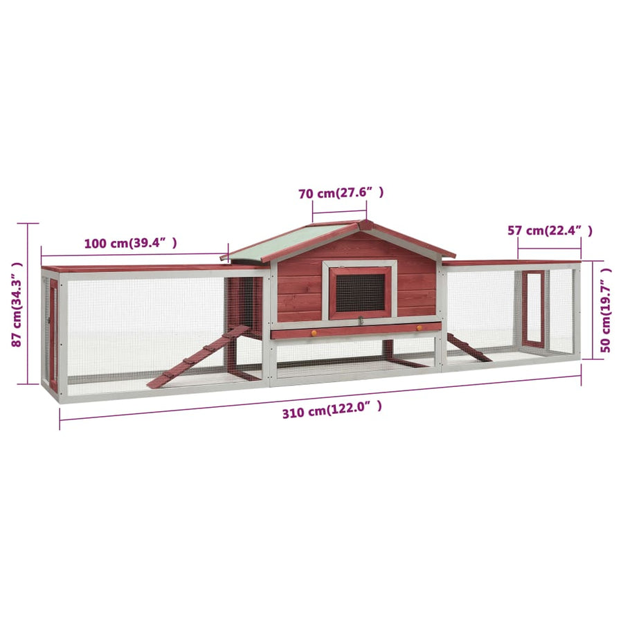 Konijnenhok 310x70x87 cm massief grenen- en vurenhout rood Rood