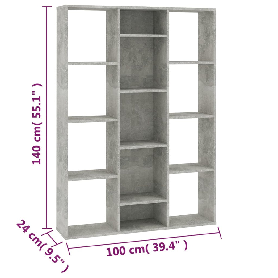 Kamerscherm/boekenkast 100x24x140 cm bewerkt hout betongrijs Betongrijs