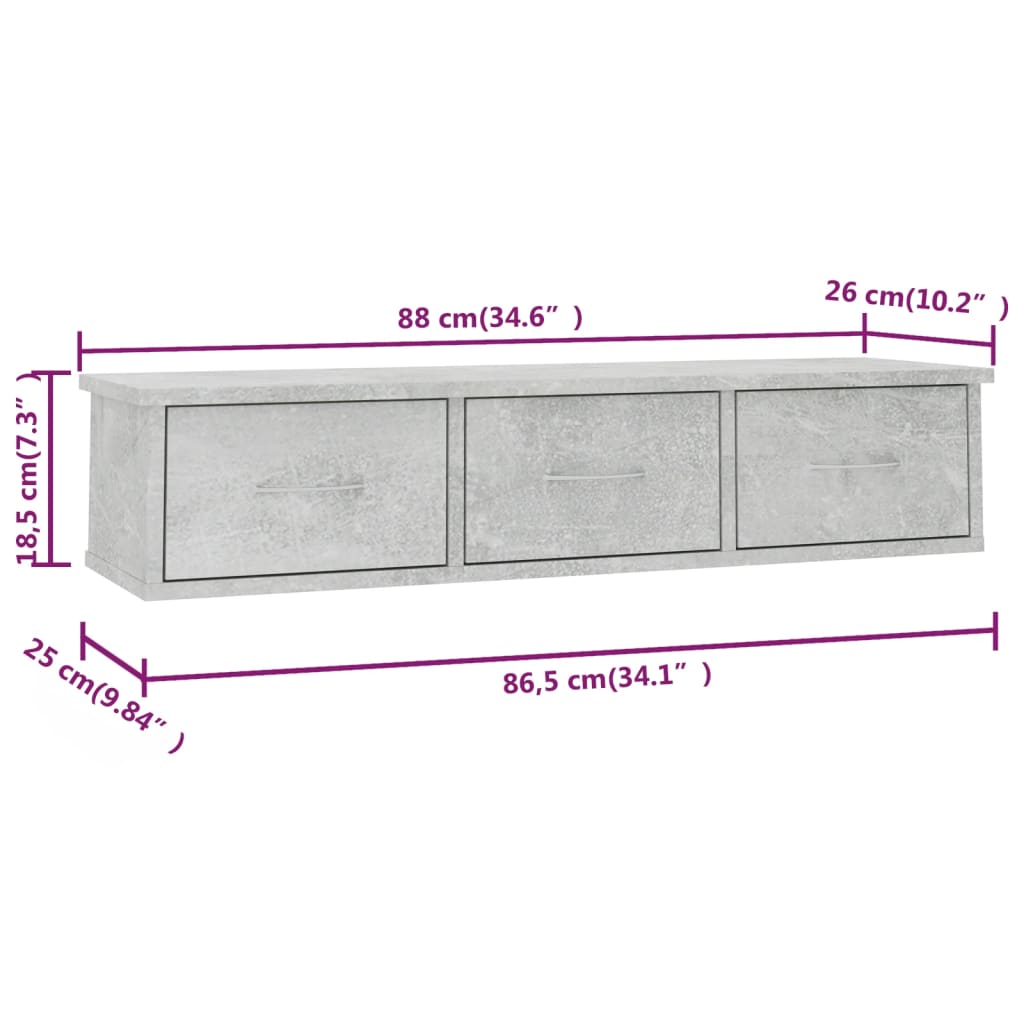 Wandschap met lades 88x26x18,5 cm spaanplaat betongrijs Betongrijs