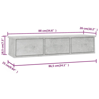 Wandschap met lades 88x26x18,5 cm spaanplaat betongrijs Betongrijs