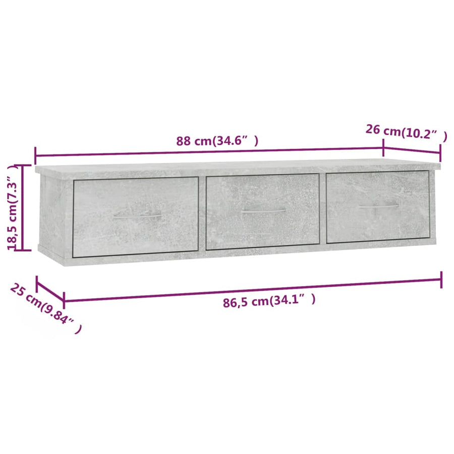 Wandschap met lades 88x26x18,5 cm spaanplaat betongrijs Betongrijs