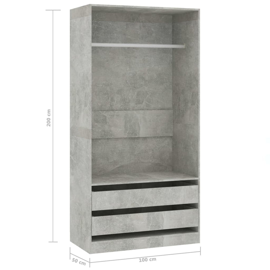 Kledingkast Bewerkt Hout Betongrijs 2 lades 100 x 50 x 200 cm