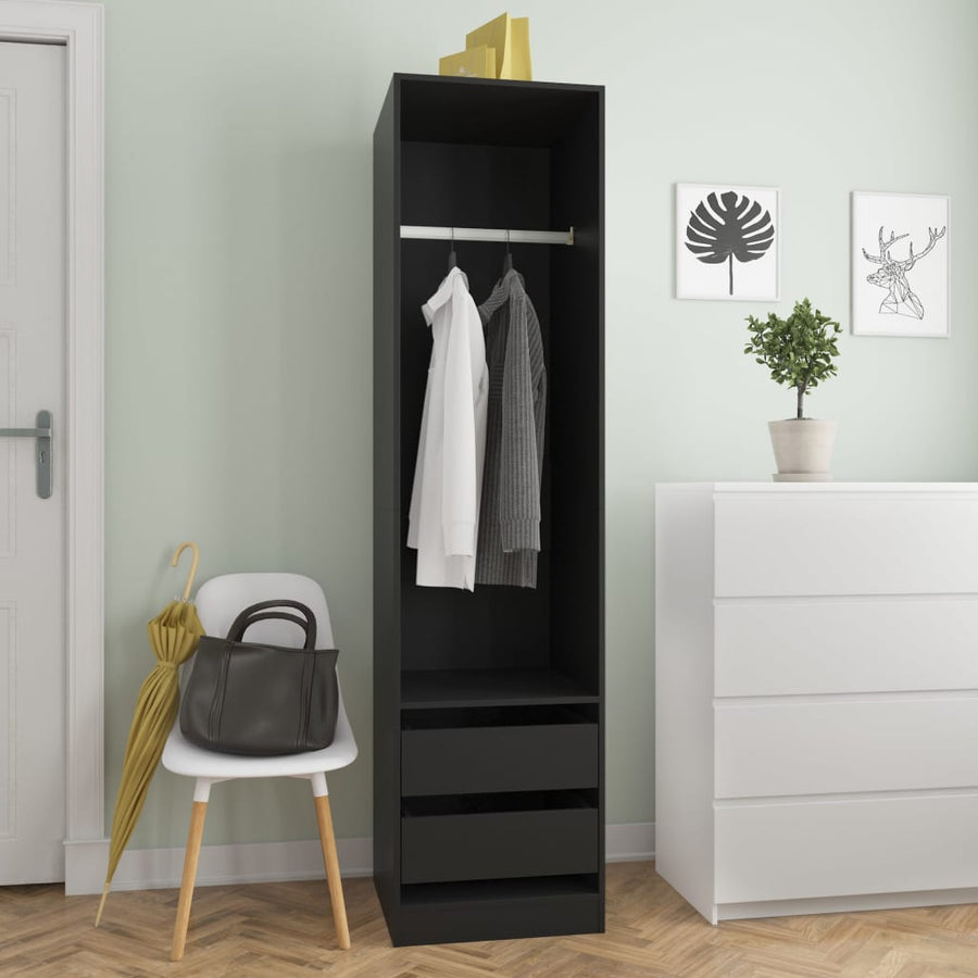 Kledingkast Met Lades Bewerkt Hout Zwart 2 lades 50 x 50 x 200 cm