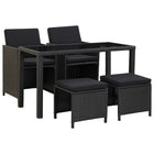 5-Delige Tuinset Met Kussens Poly Rattan Zwart 2x Fauteuil + 2x voetensteun + Tafel