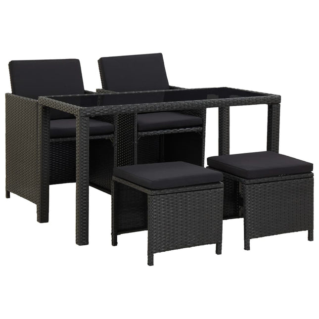 5-Delige Tuinset Met Kussens Poly Rattan Zwart 2x Fauteuil + 2x voetensteun + Tafel