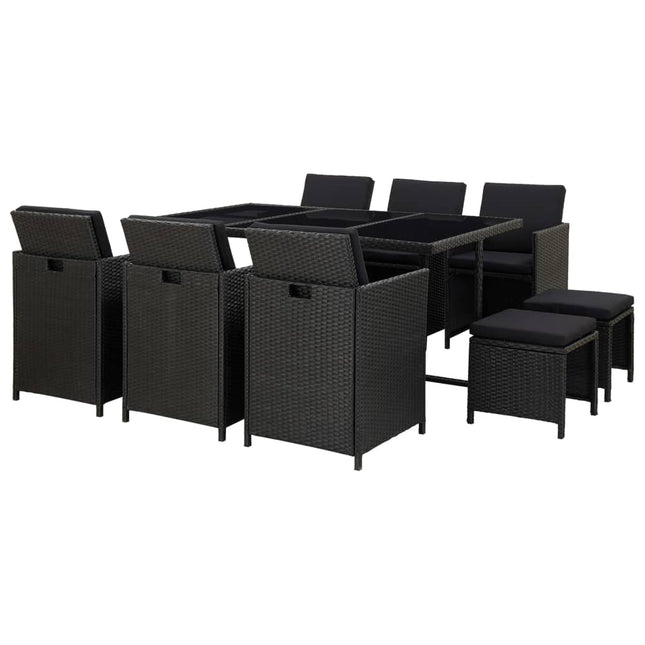 11-Delige Tuinset Met Kussens Poly Rattan Zwart 167 cm tafellengte 6x Fauteuil + 4x voetensteun + Tafel