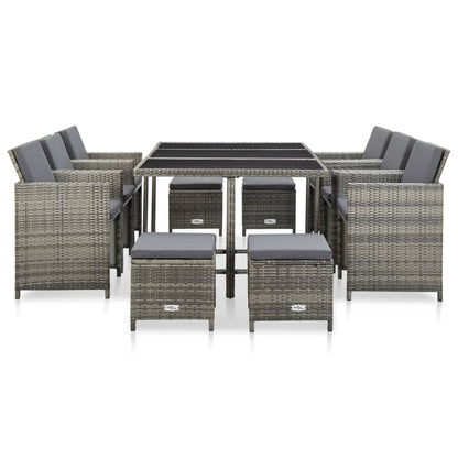 -Delige Tuinset Met Kussens Poly Rattan Grijs 167 cm tafellengte 6x Fauteuil + 4x voetensteun + Tafel